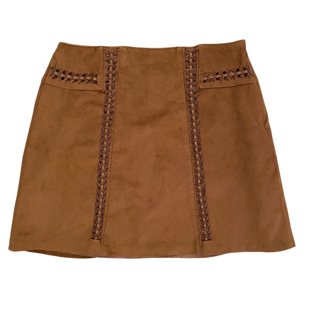 Cato‎ Brown A-Line Faux Suede Skirt with Braided Detail Size 2 Mini